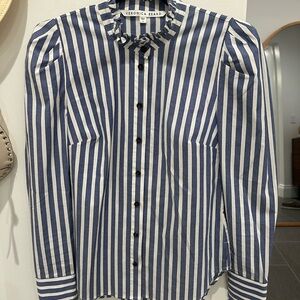 Veronica Beard Navy and White Striped Button Down Shirt